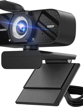 1080P HD Webcam with Microphone, Noise Cancellation, Privacy Cover, Wide-Angle Lens, Auto Light Correction, Plug & Play USB Webcam for Laptop, Desktop, PC, Mac, Zoom, Skype, Streaming Gray