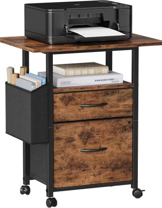 2 Drawer File Cabinet with 24'' Extended Desktop, Mobile Filing Cabinet, Rolling File Cabinet with Side Bag, Fabric Drawer, Fits A4/Letter Size, Printer Stand Home Office, Light Brown