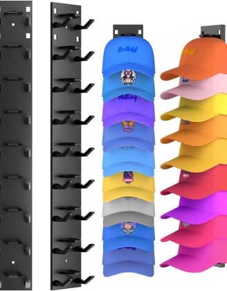 2 Pack Hat Organizer for Baseball Caps, Strong Adhesive Hat Rack for Wall, Multilayer Hat Storage Display Holder, Wall Mounted Hat Hooks Hold up to 18 Hats for Closet Door and Bedroom (Black)