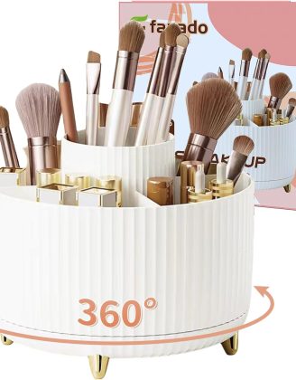 360° Rotate Makeup Brush Holder Organizer, Makeup Organizers Countertop, Makeup organization and Skincare Storage for Vanity, Desktop, Bathroom (White)