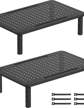 BONTEC 2 Pack 3 Height Adjustable Monitor Stand Riser with Pen Holder, Ergonomic Metal Laptop Stand with Cable Management, Black Steel, 14.5 in