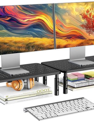 HUANUO Monitor Stand for Desk, Computer Monitor Stand Height Adjustable, Monitor Riser for 2 Monitors, Laptop Stand for Desk, 2 Pack, Black