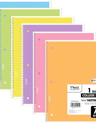 Mead Spiral Notebooks, 6 Pack, 1-Subject, College Ruled Paper, 8" x 10-1/2", 70 Sheets, Assorted Pastel Colors (830049)