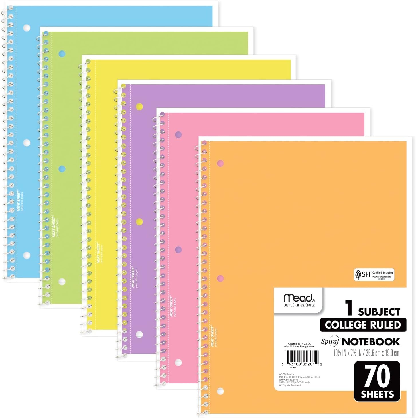 Mead Spiral Notebooks, 6 Pack, 1-Subject, College Ruled Paper, 8" x 10-1/2", 70 Sheets, Assorted Pastel Colors (830049)