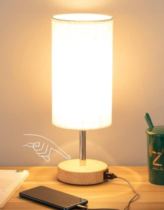 Yarra-Decor Bedside Table Lamp with USB Port - Touch Control for Bedroom Wood 3 Way Dimmable Nightstand Lamp with Round Flaxen Fabric Shade for Living Room, Dorm, Home Office (LED Bulb Included)